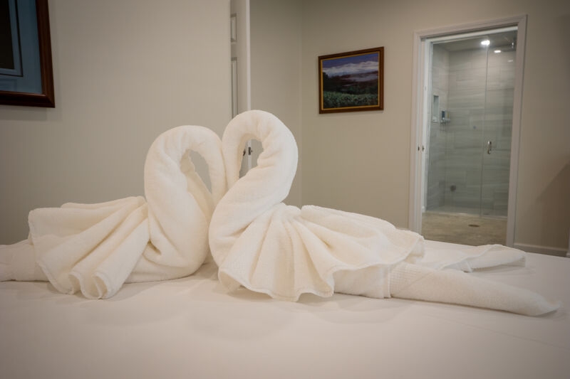 White towels shaped like two swans  with heads touching so neck looks like a heart shape.