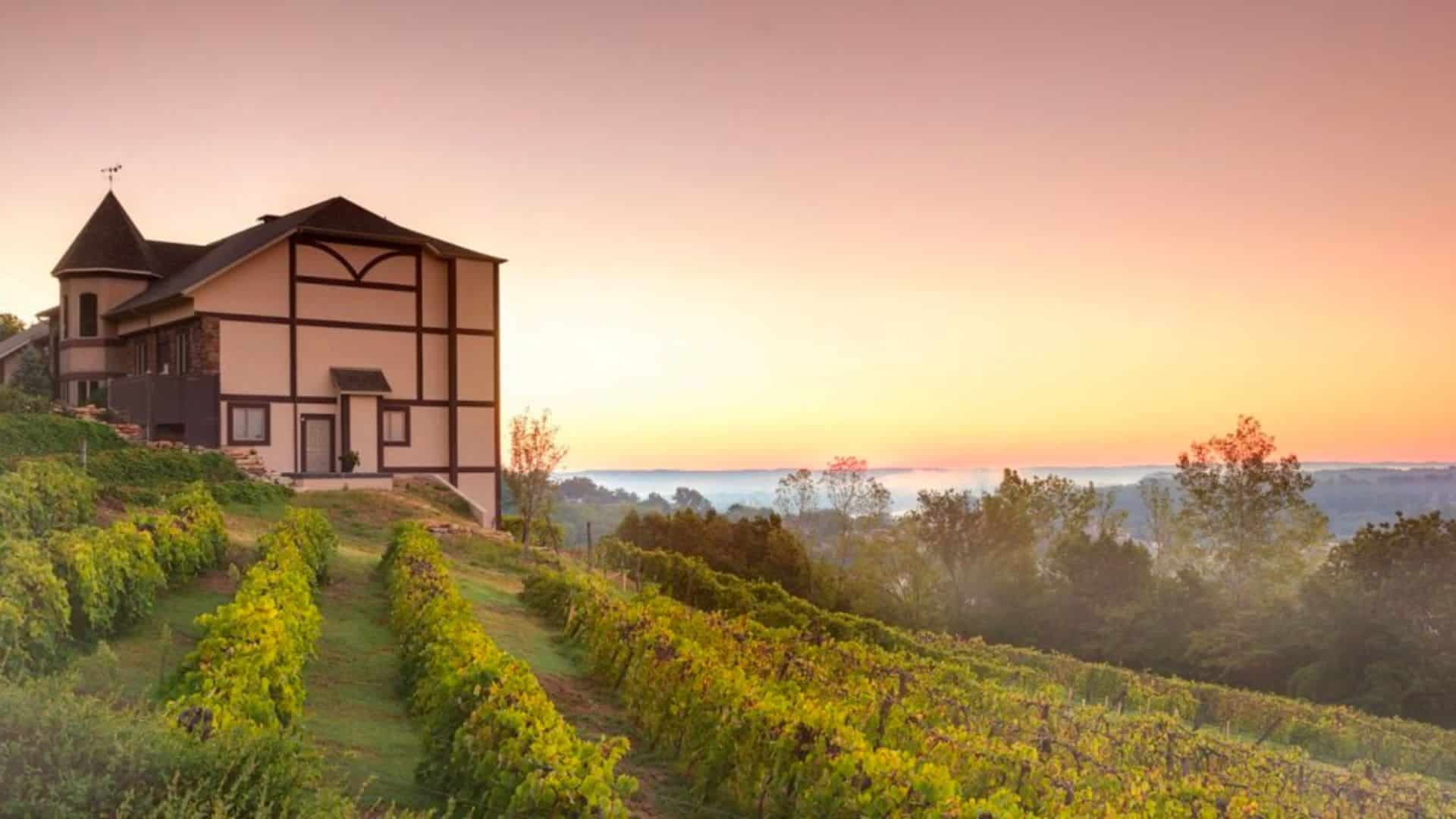 Hermann Hill Inn on top of a vineyard against a sunset sky