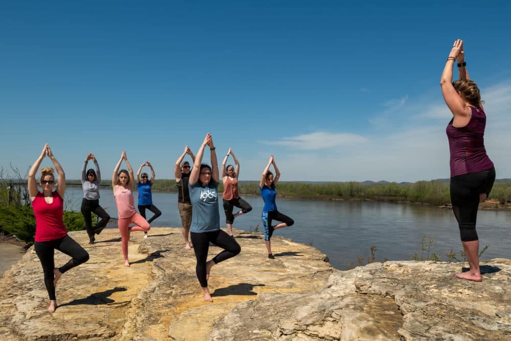 Morning yoga on the Missouri River at Hermann Hill Bed and Breakfast