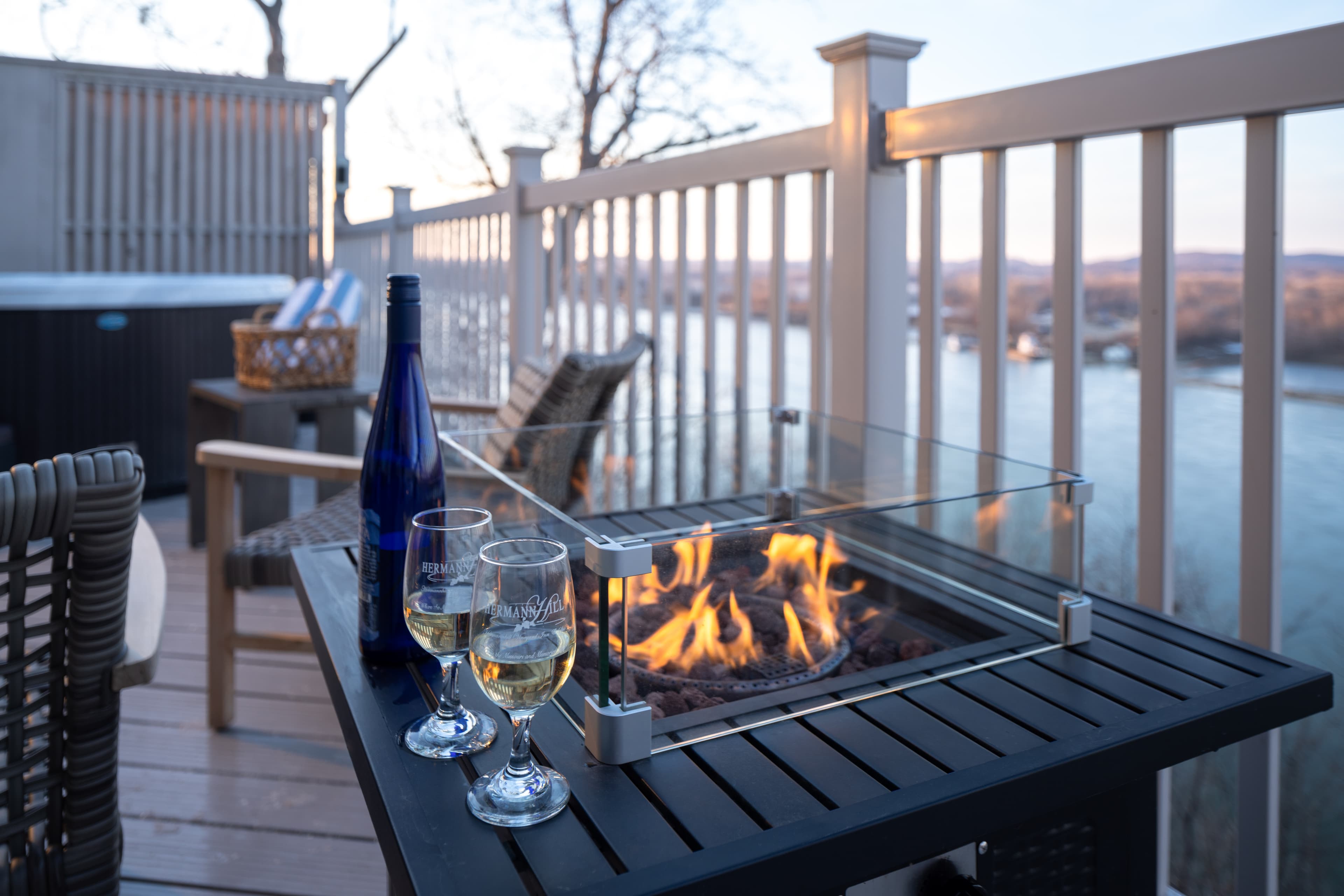 fire pit on deck with hot tub