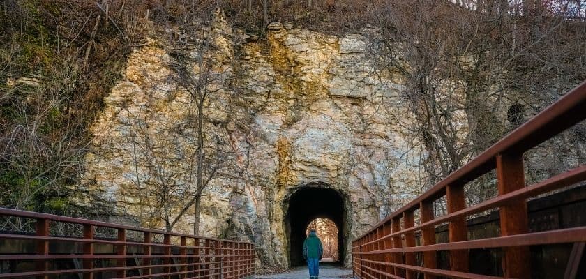 A person walks along a path leading to a tunnel carved into a rocky hillside, bordered by bare trees.