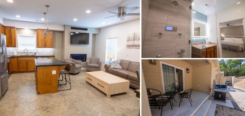 collage of the condos at hermann hill including the living room and kitchenette area bed and bath area and the outdoor patio
