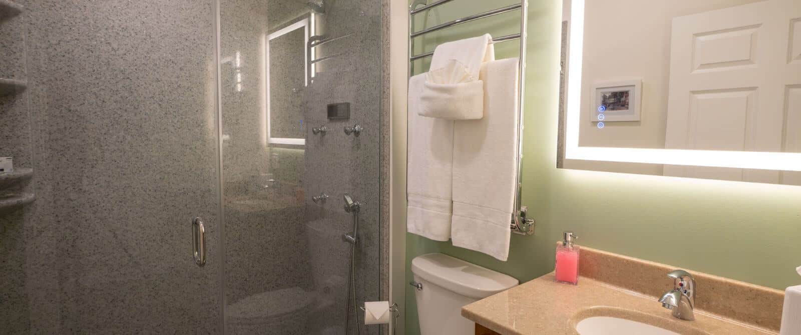 Bathroom with glass enclosed tiled show, olive walls with towel racks and sink with vanity below plus mirror above.