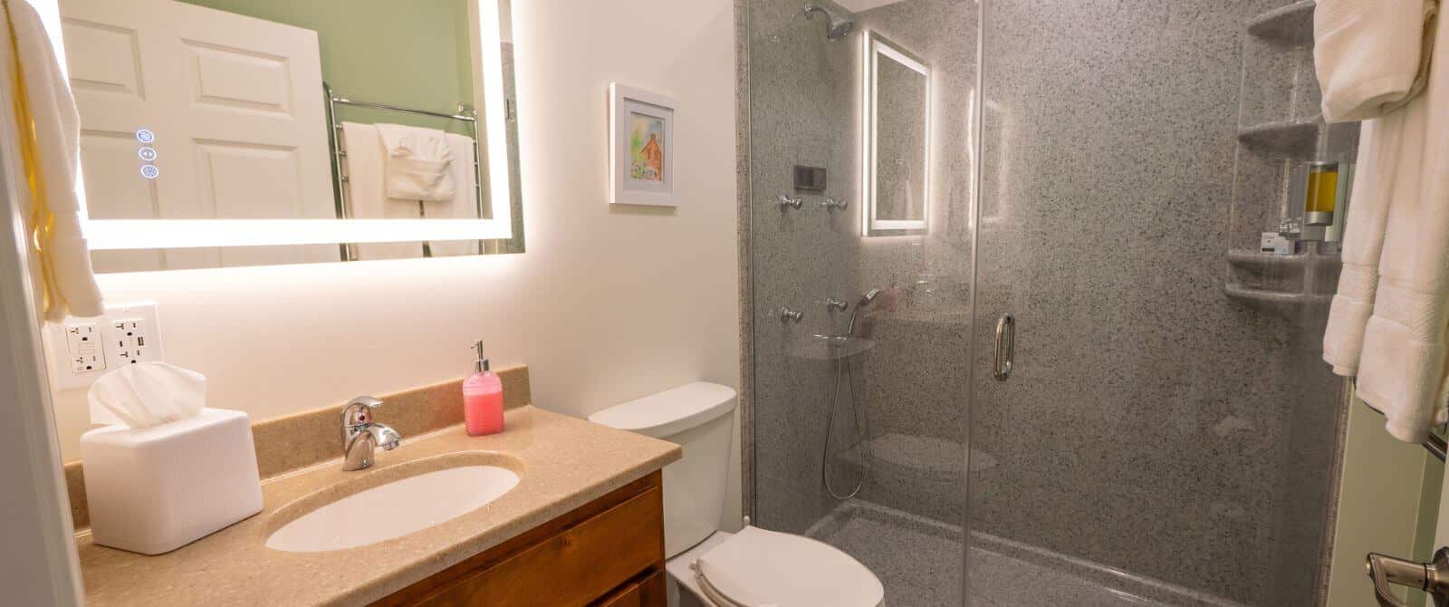 Bathroom with glass enclosed shower with tiled walls, brown vanity with tan sink and mirror hanging above, towel rack on wall